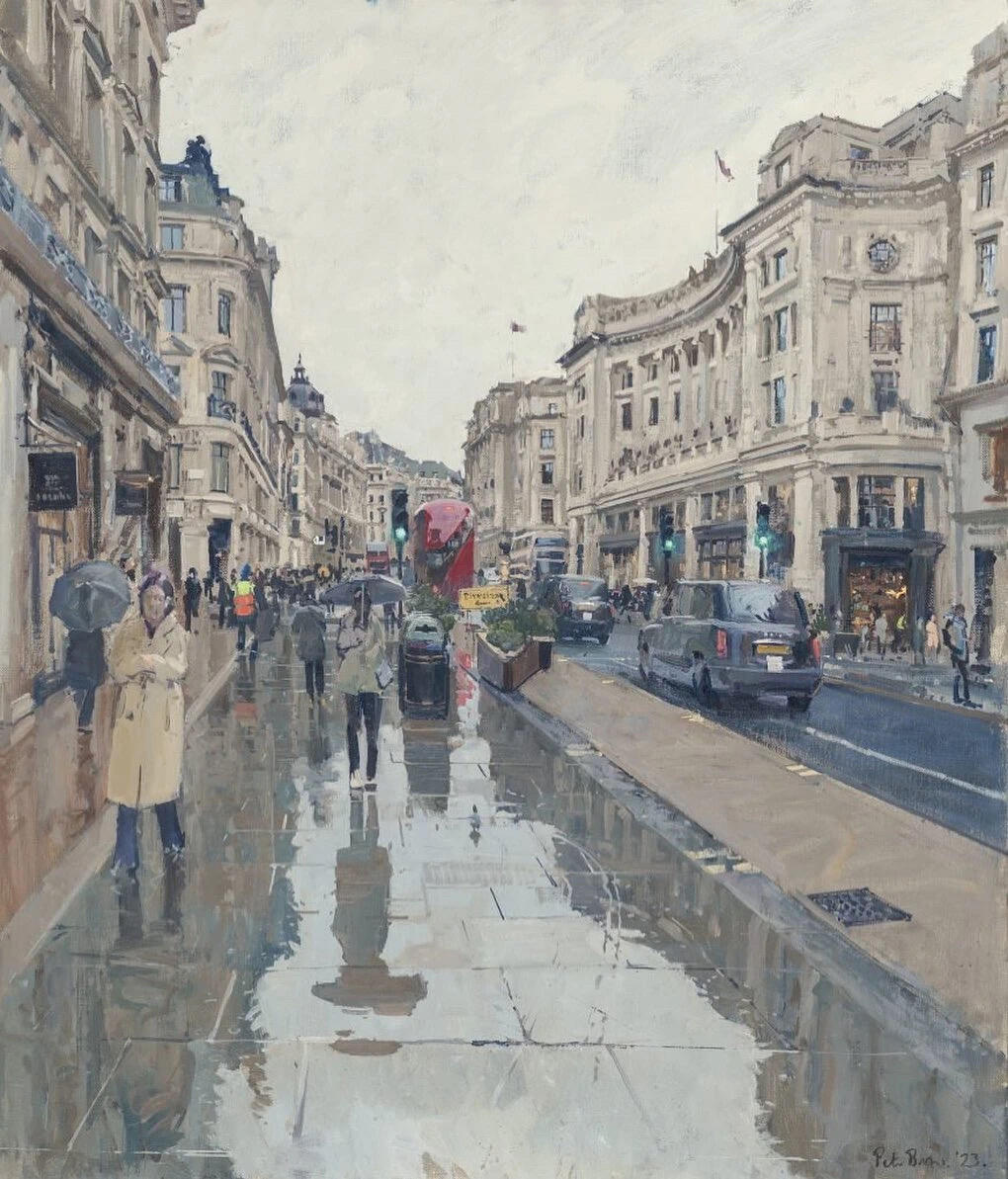 湿漉漉的马路画的太透亮了,地面像真的一样