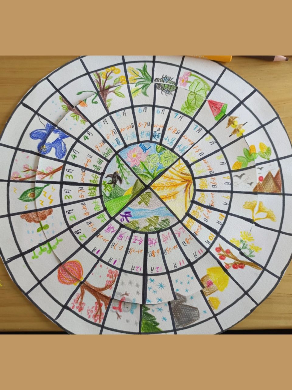 自制节气转盘 步骤如下 裁出三个大小不同的圆形纸片,纸的种类不限