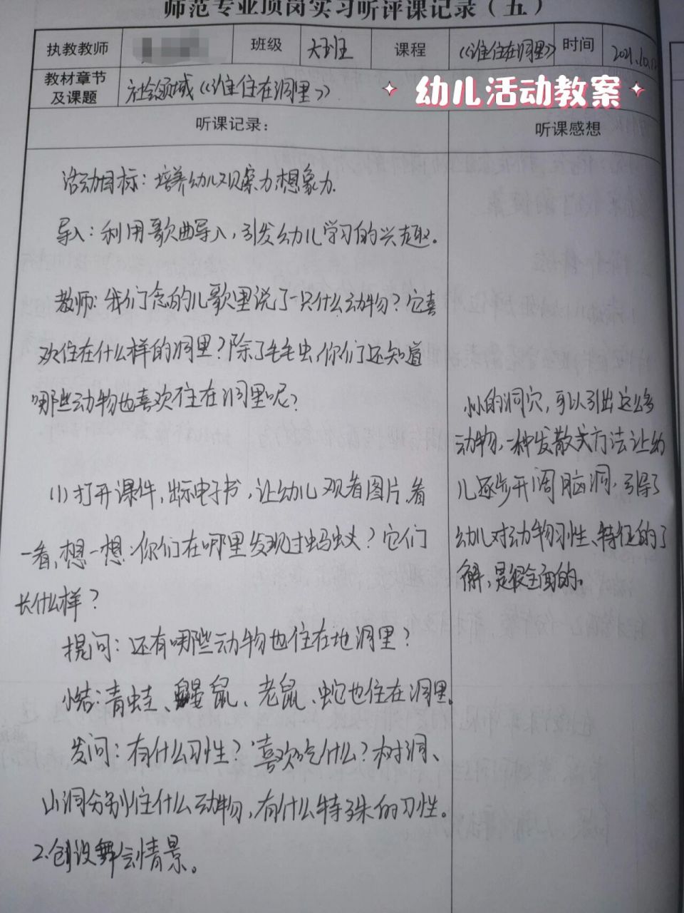 幼儿园活动听课记录教案 幼儿园大班社会领域 课题:《谁住在洞里》