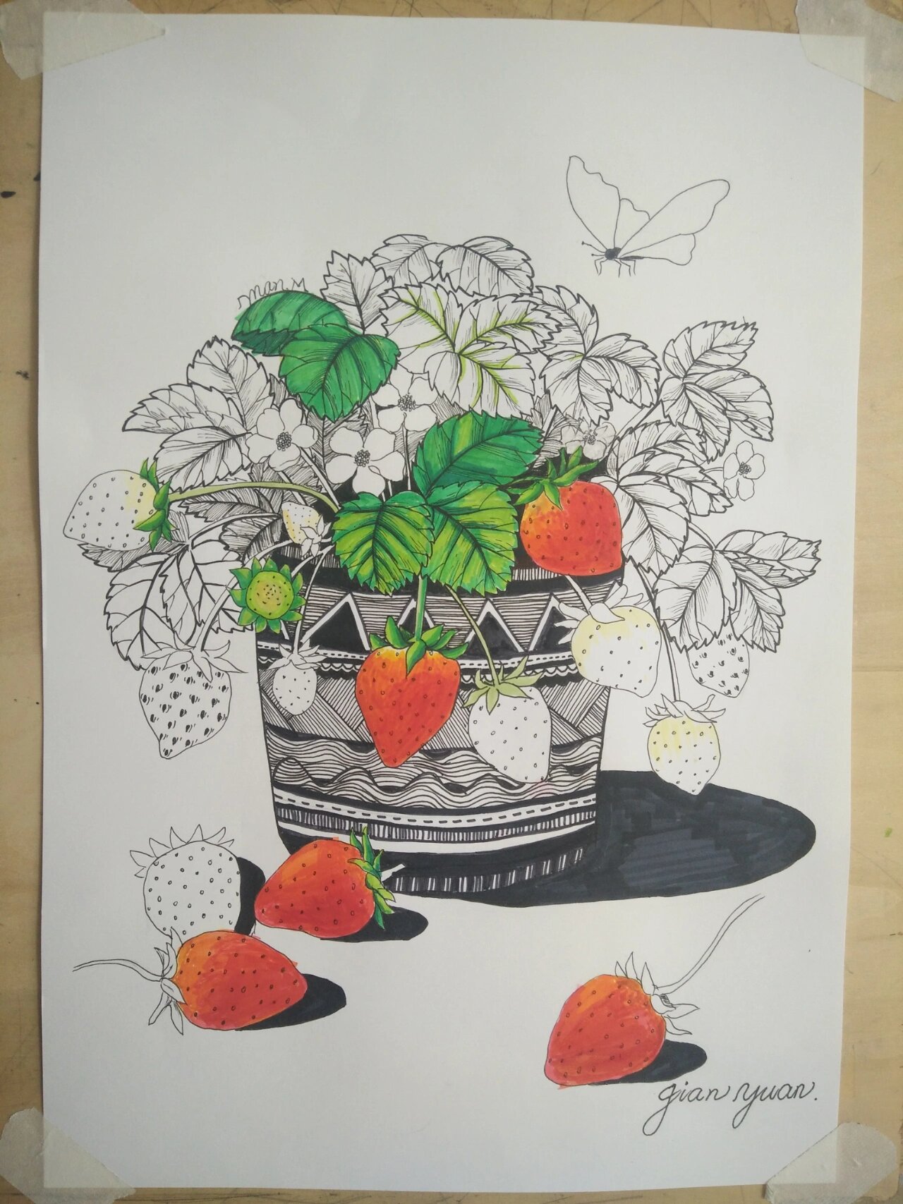 草莓绘画线描马克笔儿童画装饰画原创