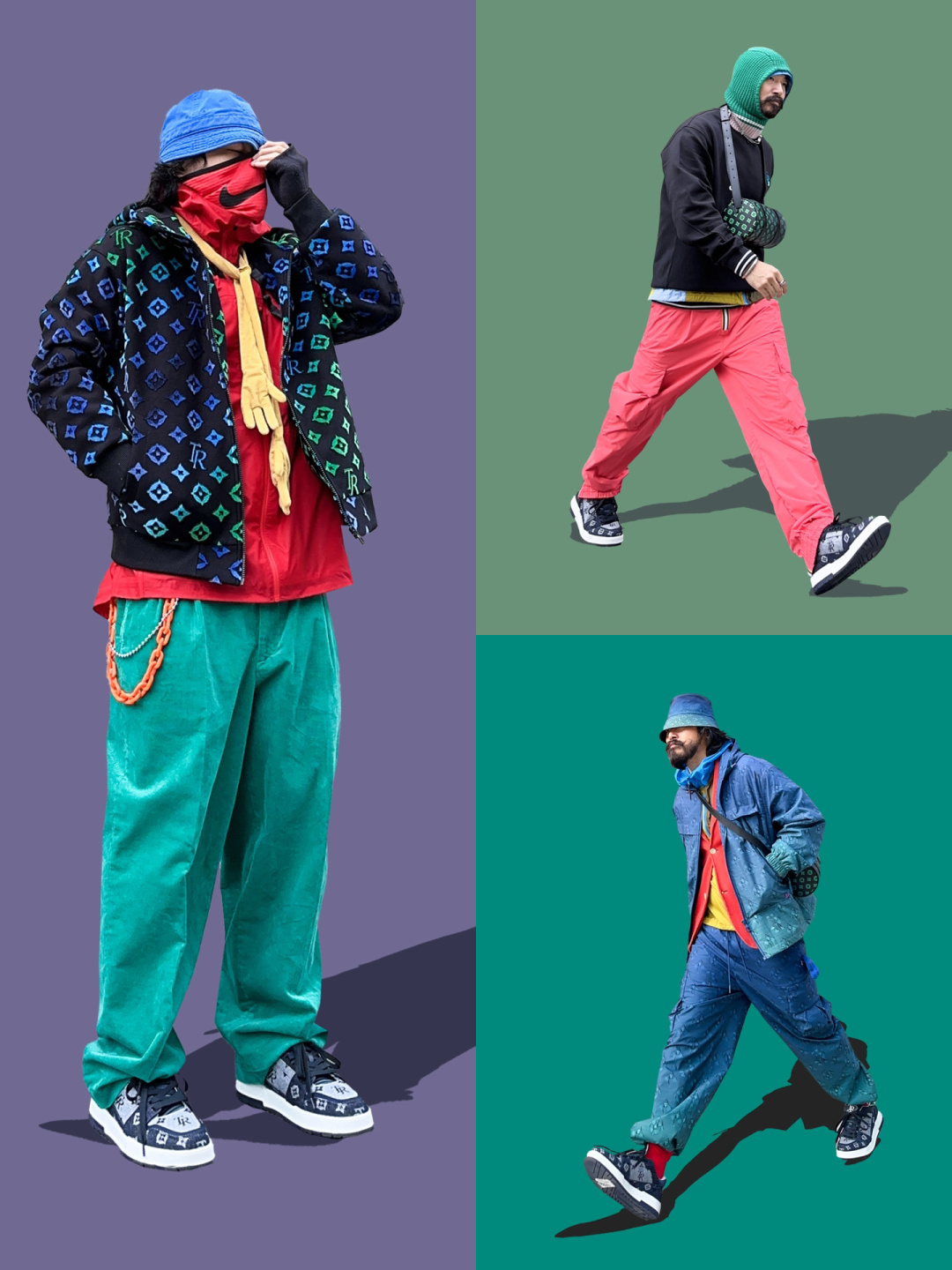 今天搭配3套撞色look 第一套: 我们取拉链帽衫的蓝色跟青色做呼应 从