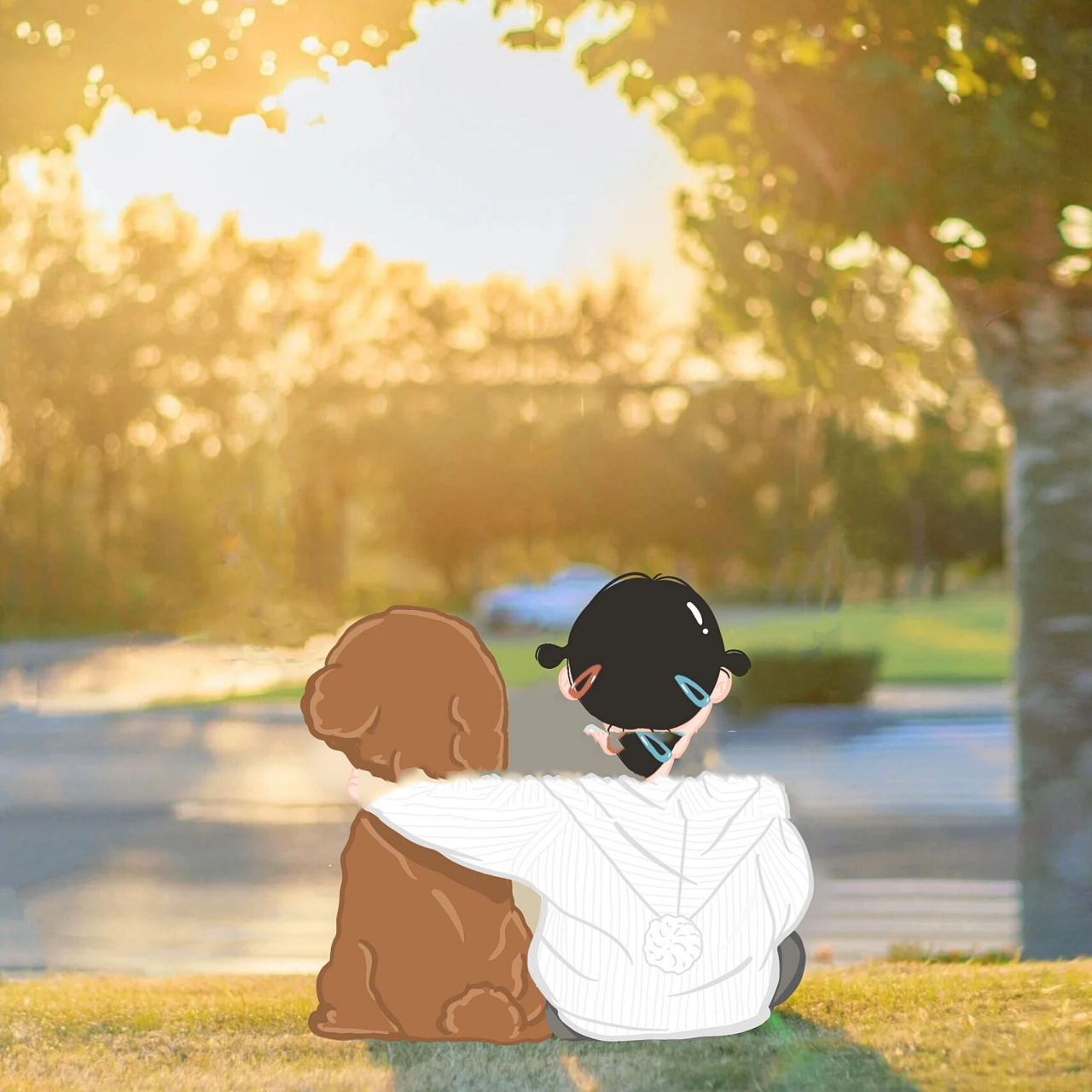 插画头像,狗狗和可爱女孩背影头像 日更 岁月静好也不过如此了