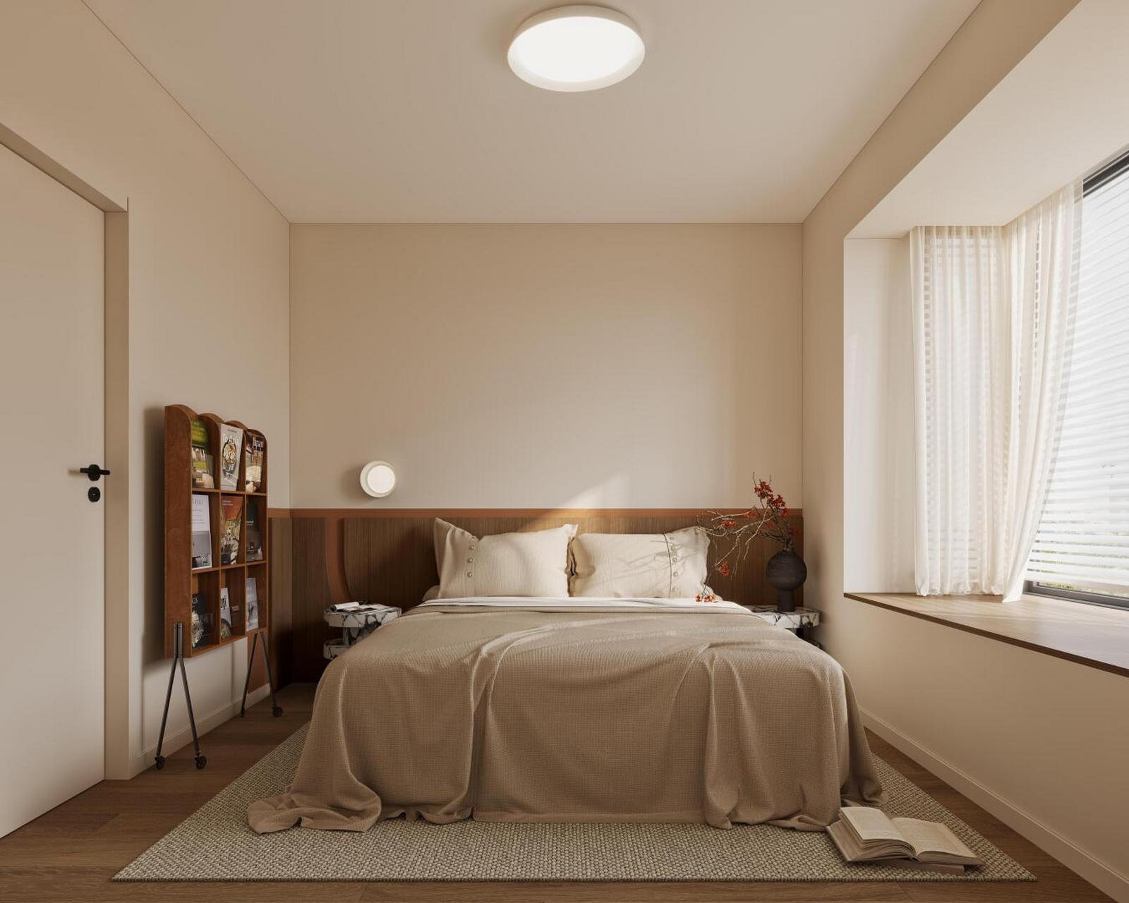 [大笑]原木奶油风的卧室床头背景是半墙木饰面,是卧室的设计亮点之一