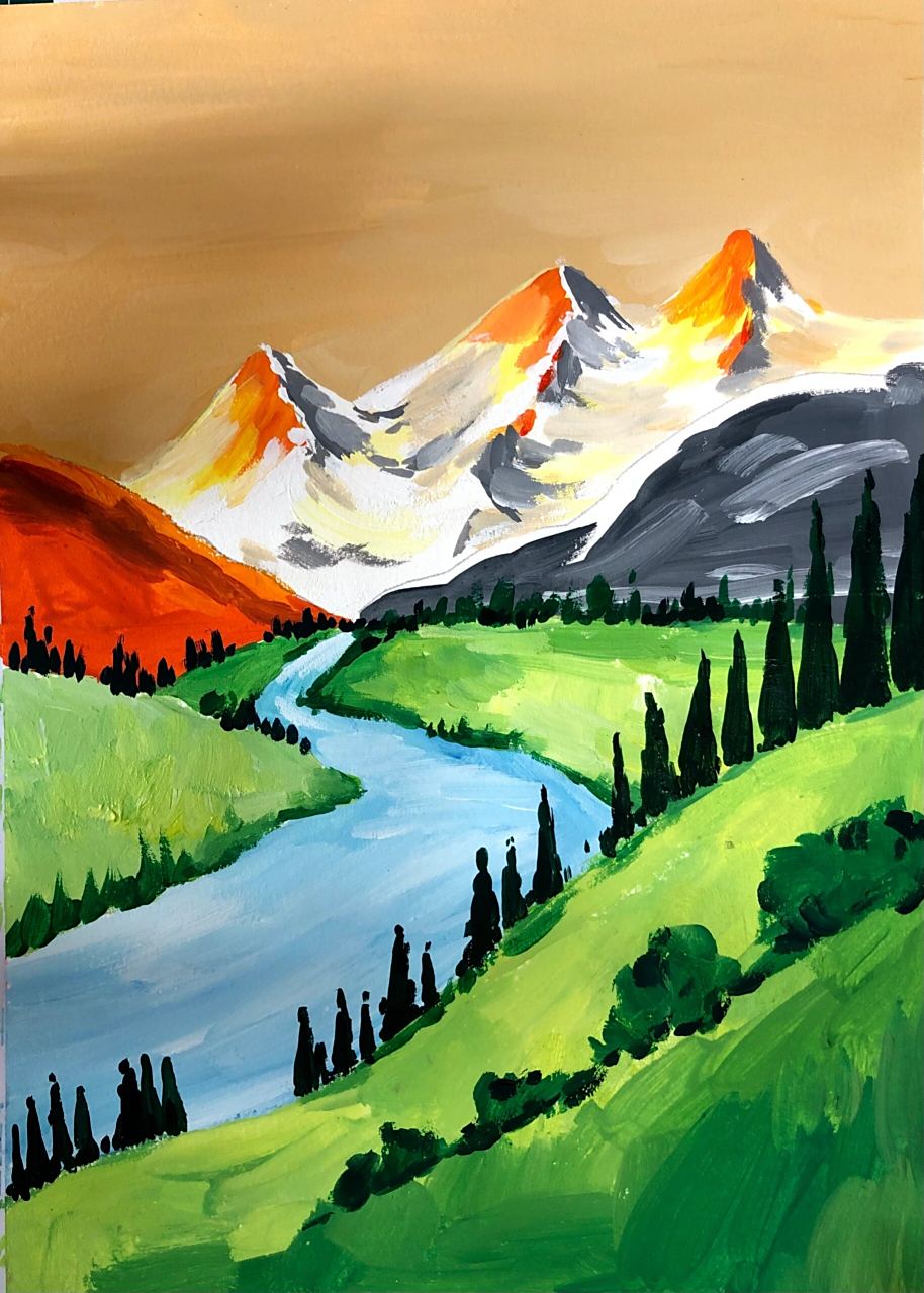 儿童水粉风景画《日照金山》过程图 临摹油画棒作品 16开,水粉颜料