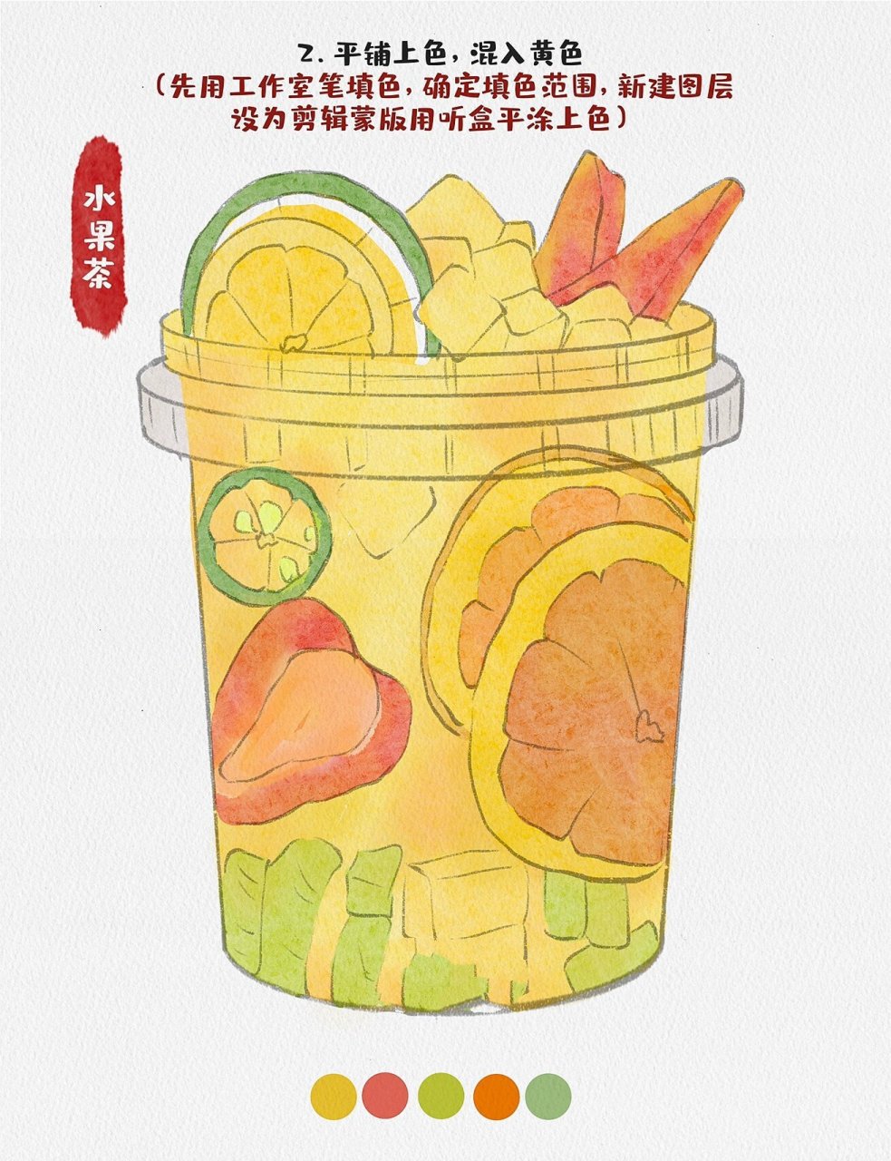 ipad水彩饮品绘画-一桶水果茶(线稿➕步骤) 夏天饮品04 画的是一桶