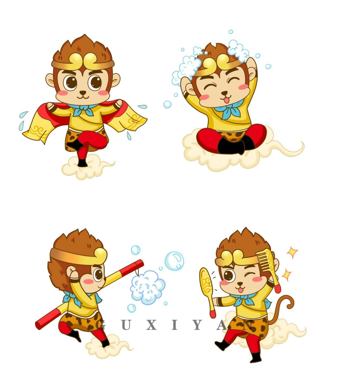 原创插画/真假美猴王 国风卡通美猴王插画,国风背景,额外单独画了四个