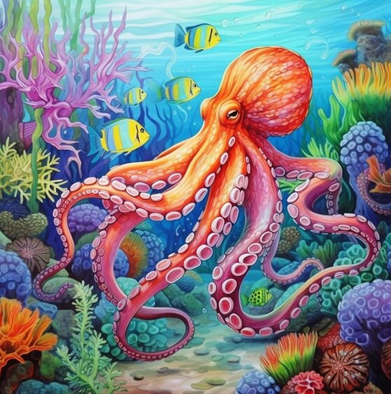 mj绘画—手绘章鱼 章鱼是一种八足软体动物,身体呈扁圆形.