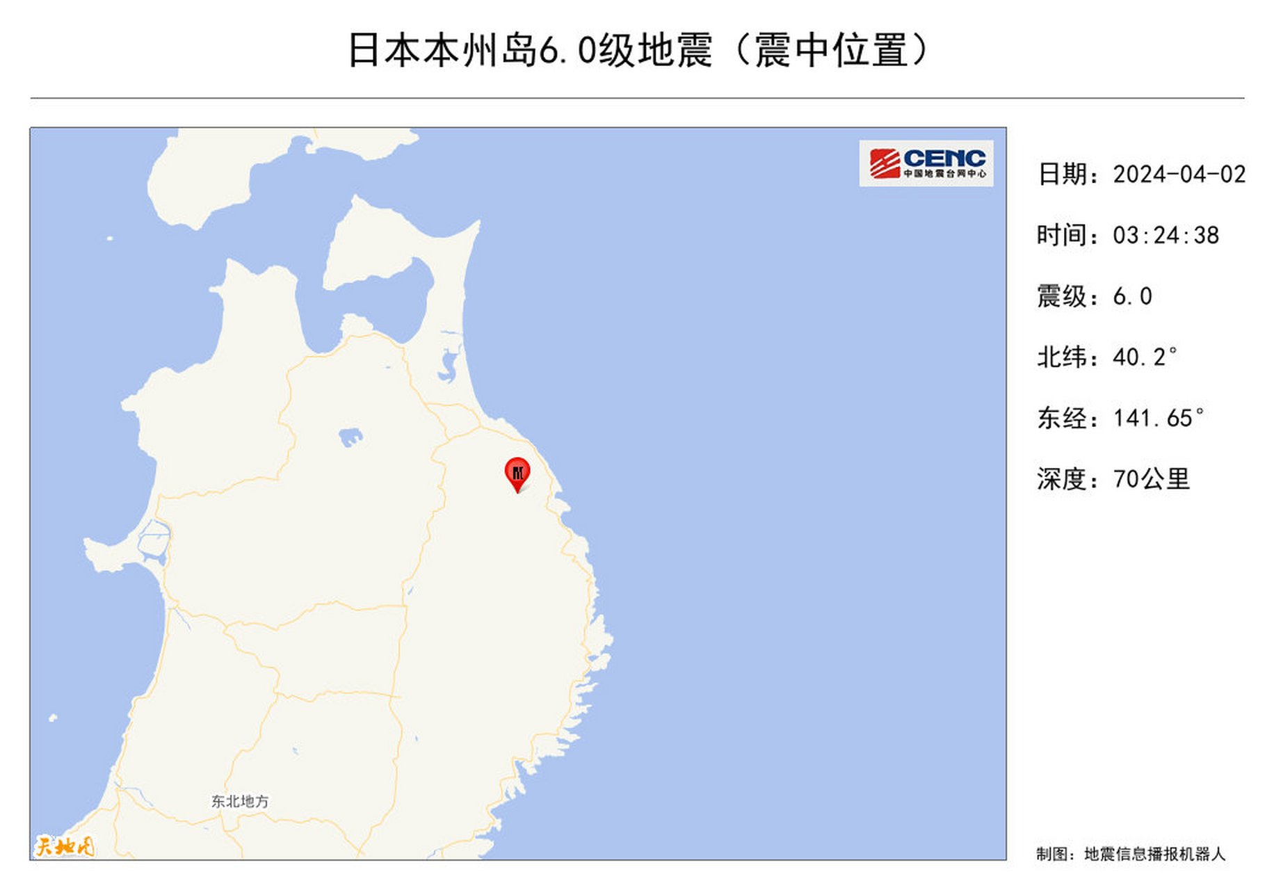 据中国地震台网正式测定,4月2日3时24分在日本本州岛发生6.