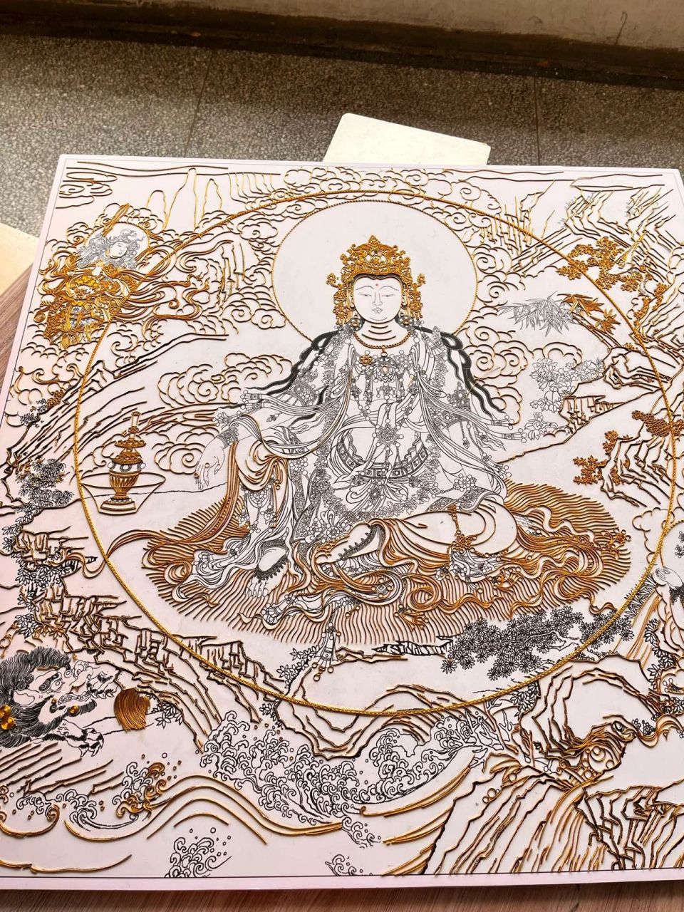 掐丝珐琅,非遗文化 掐丝珐琅画1米*1米,水月观音(半成品),收到的是