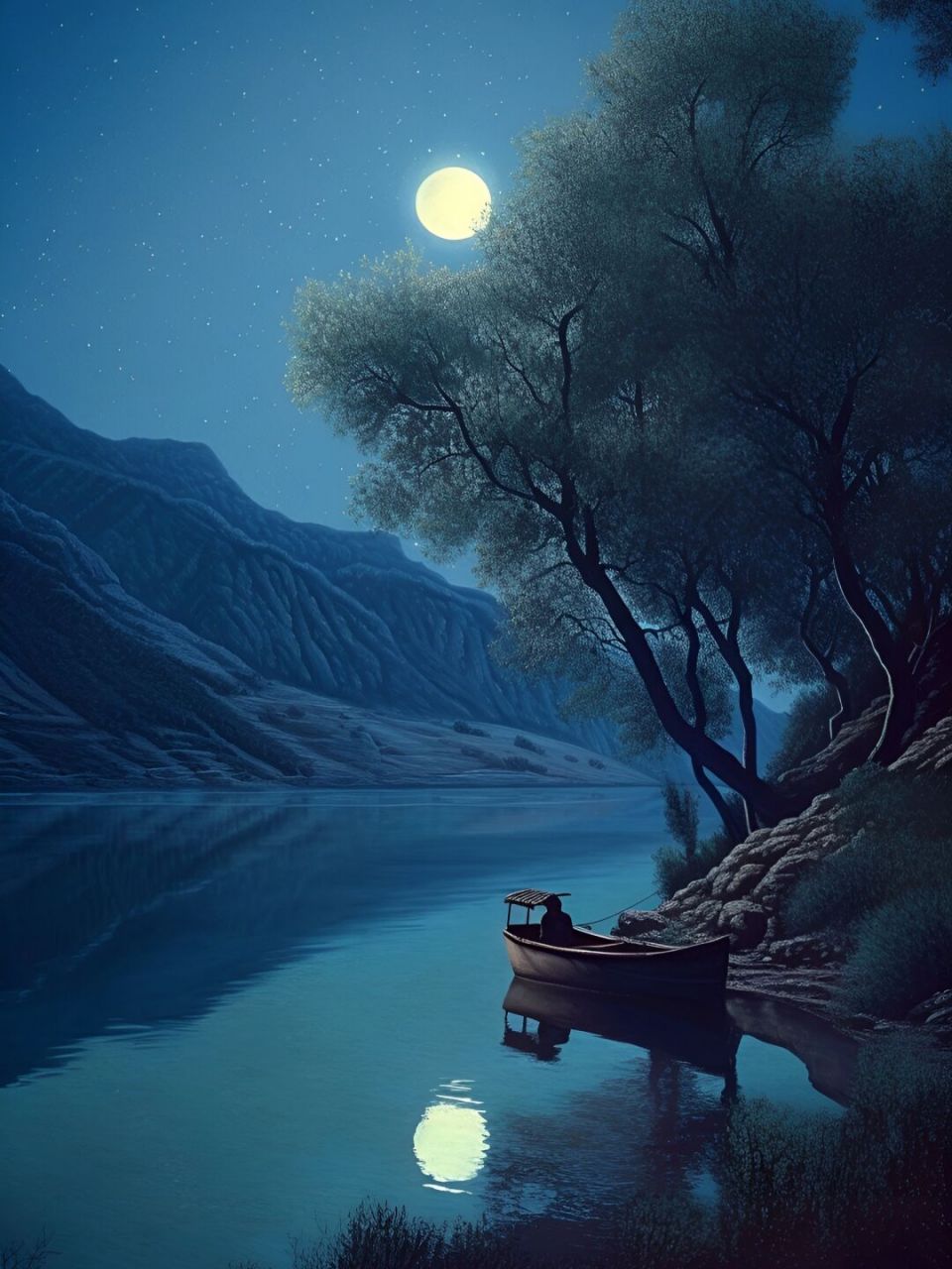 夜深了人静了,我只想好好享受这份宁静 湖畔夜色,月光洒落在水面上