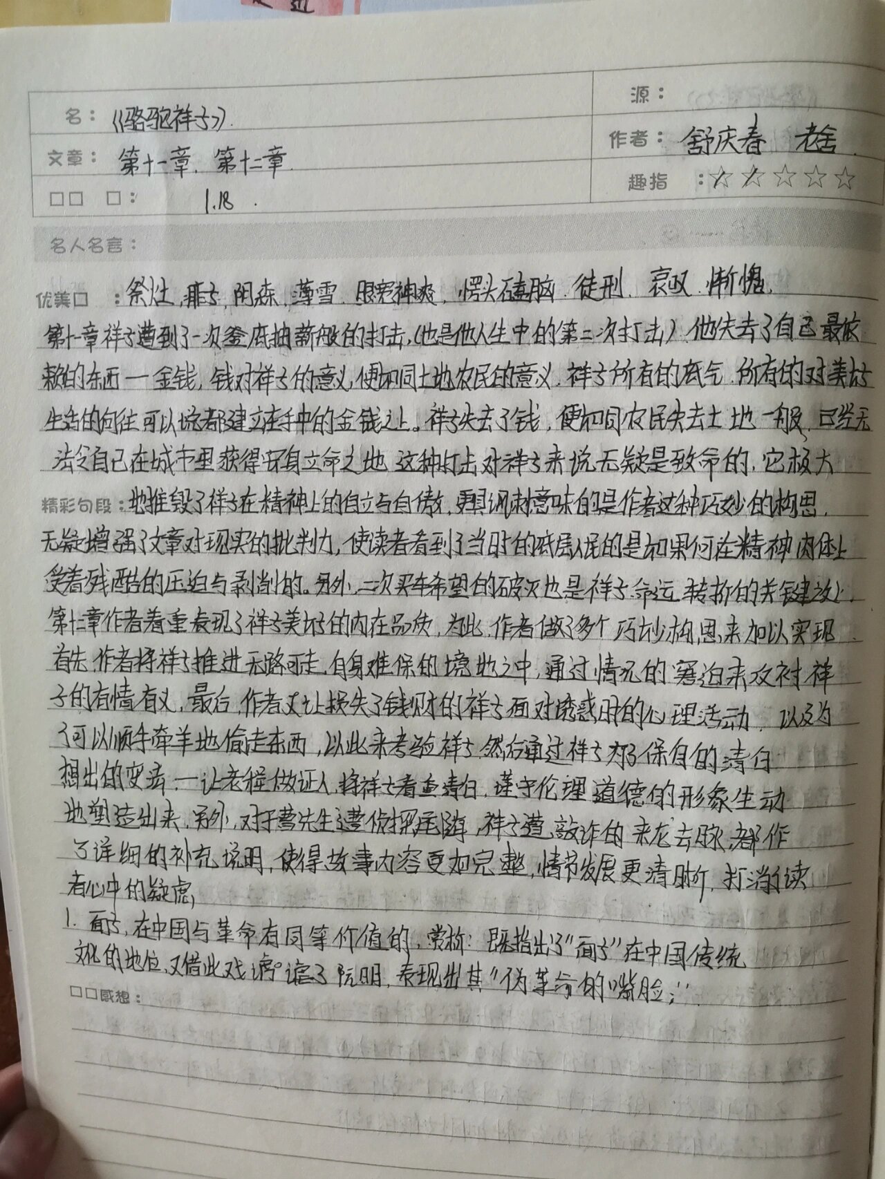 骆驼祥子第一章～第二十章读书笔记 读后感  初一上册