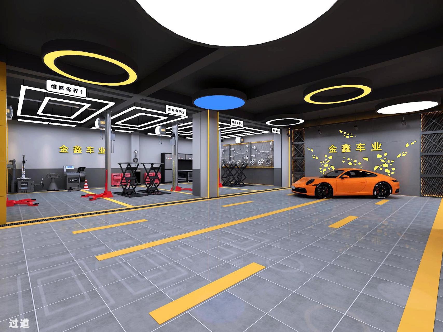 金鑫车业汽车改装店效果图设计,星达设计师在设计上采用黄色系为主