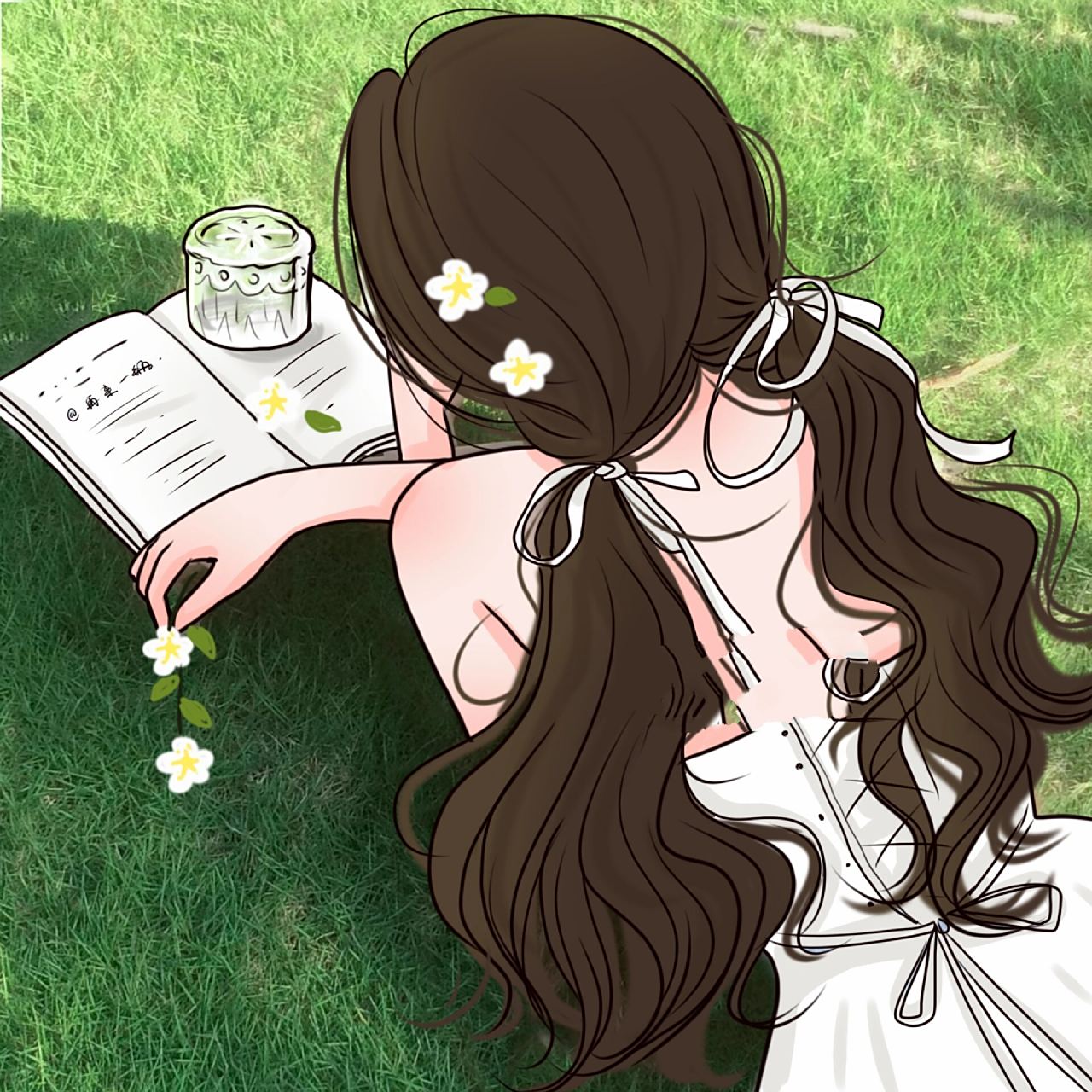 看书背影女孩手绘95 田园女生背影手绘 喜欢可用于个人头像和壁纸