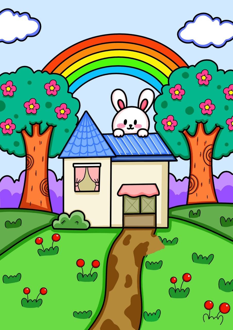 小兔子的家儿童画 房子儿童画 带线稿 步骤