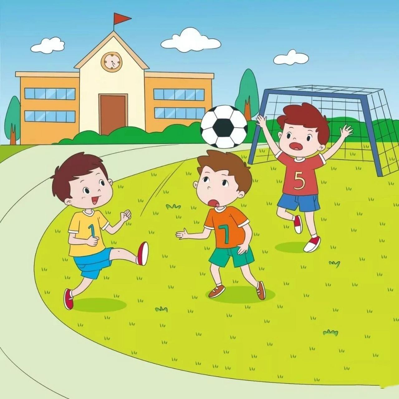 看图写话 踢足球 体育课上,几个男孩子一起到球场上踢足球.