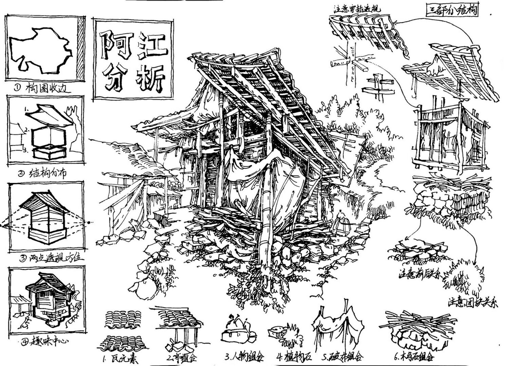 江南古建筑,体块构成 #钢笔速写# #风景速写# #手绘# #钢笔画##速写