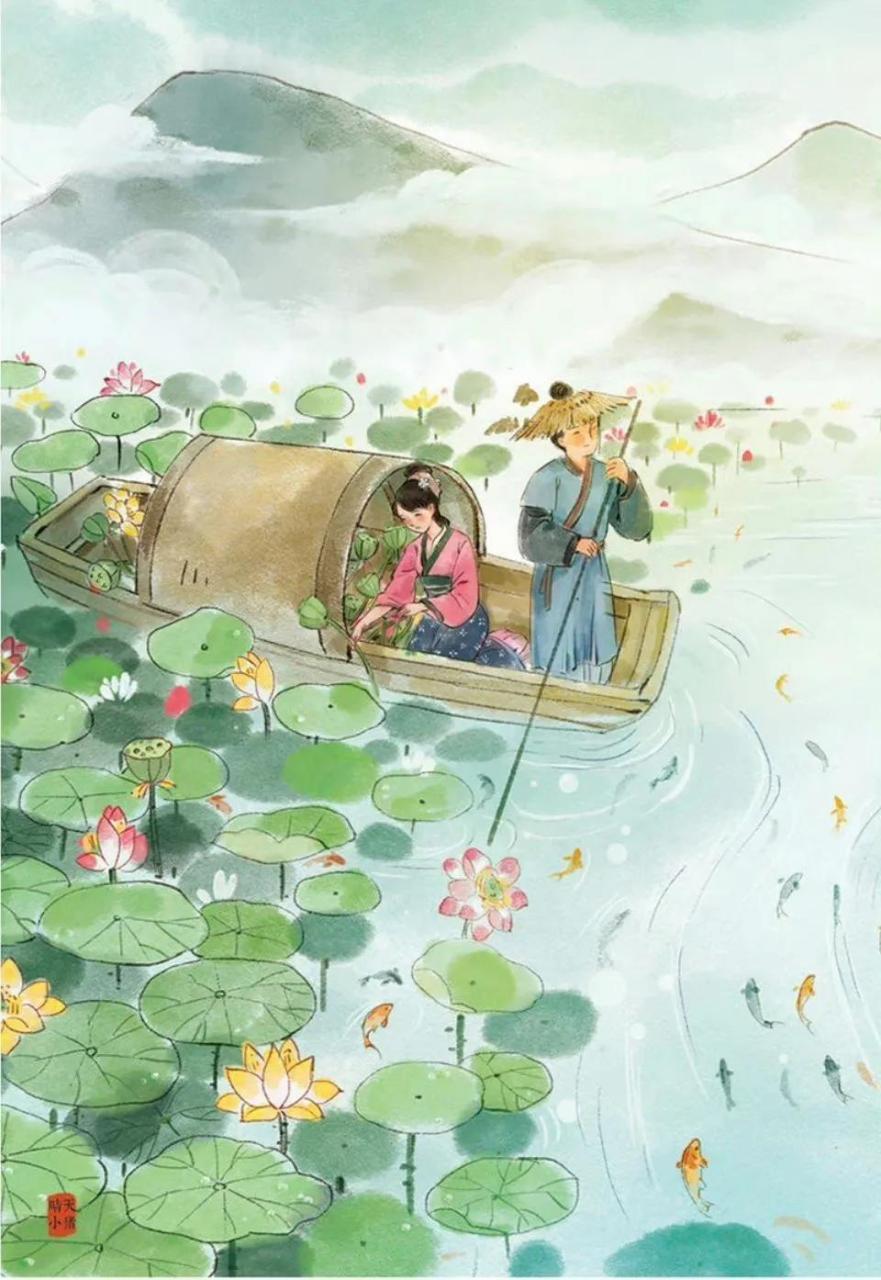菱叶萦波荷飐风,荷花深处小船通. 逢郎欲语低头笑,碧玉搔头落水中.