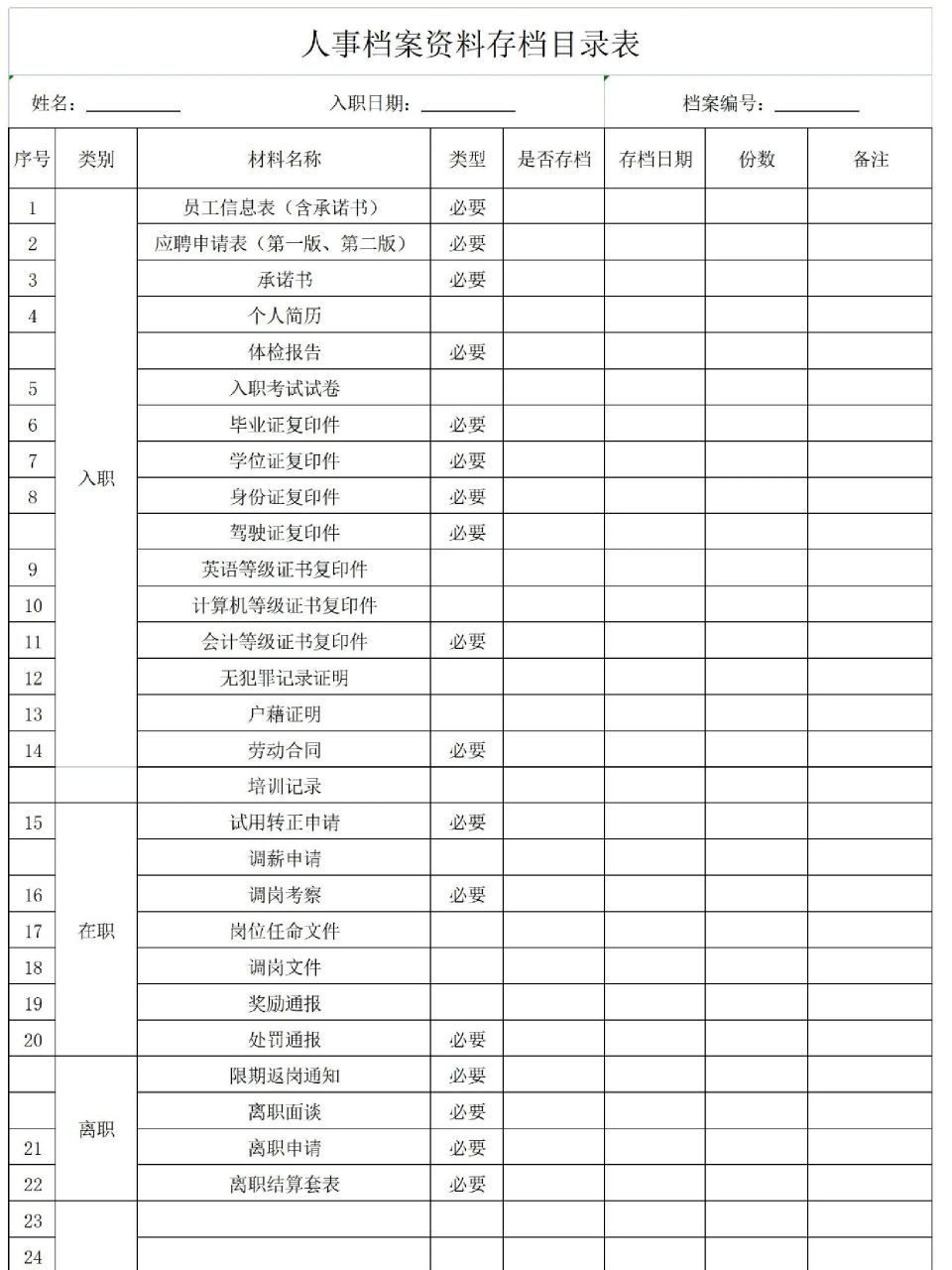 档案整理目录表格模板图片