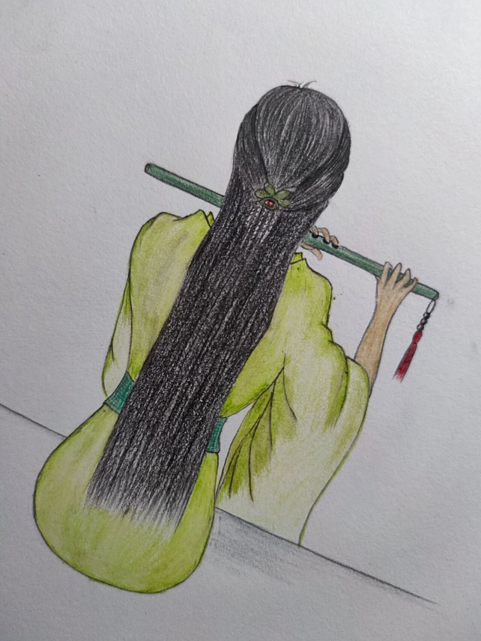 自学彩铅画/12 古风美人背影4   试了一下水溶,失败了,让颜色变得脏兮