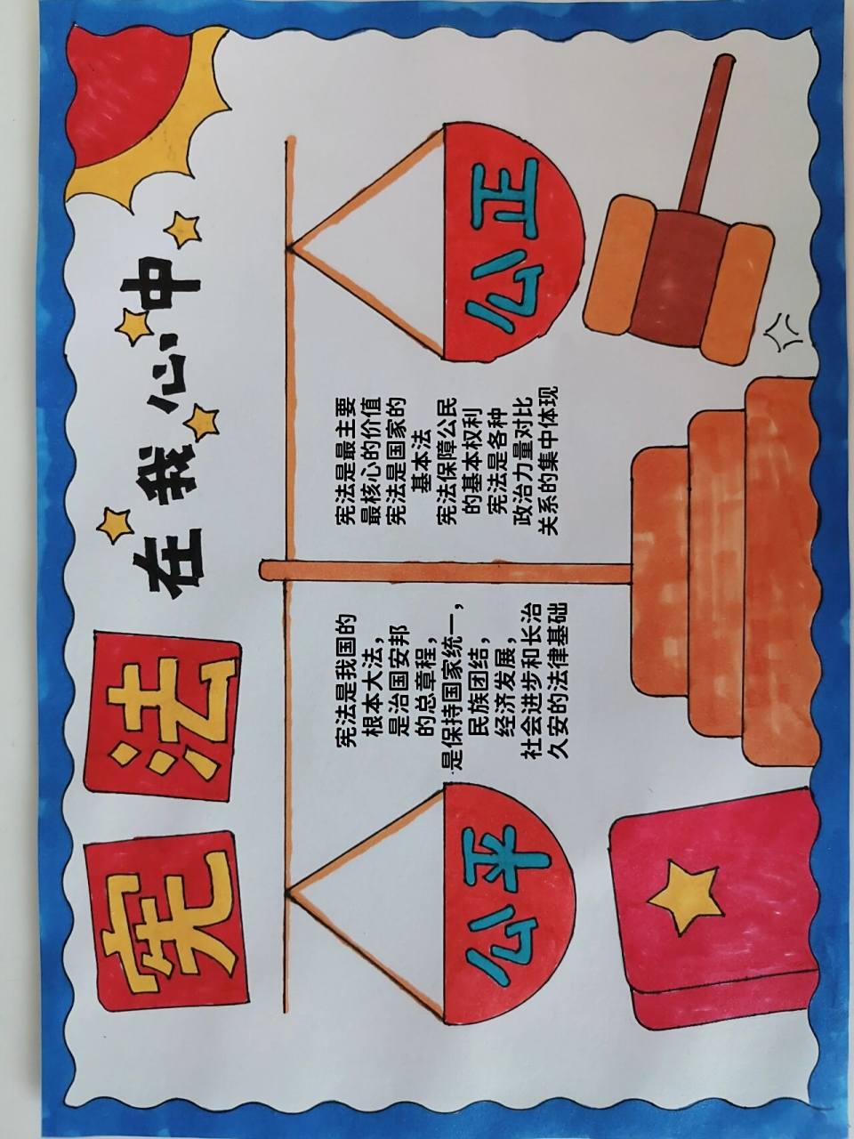 宪法在我心中主题手抄报,有黑白线稿原图可打印,宪法日