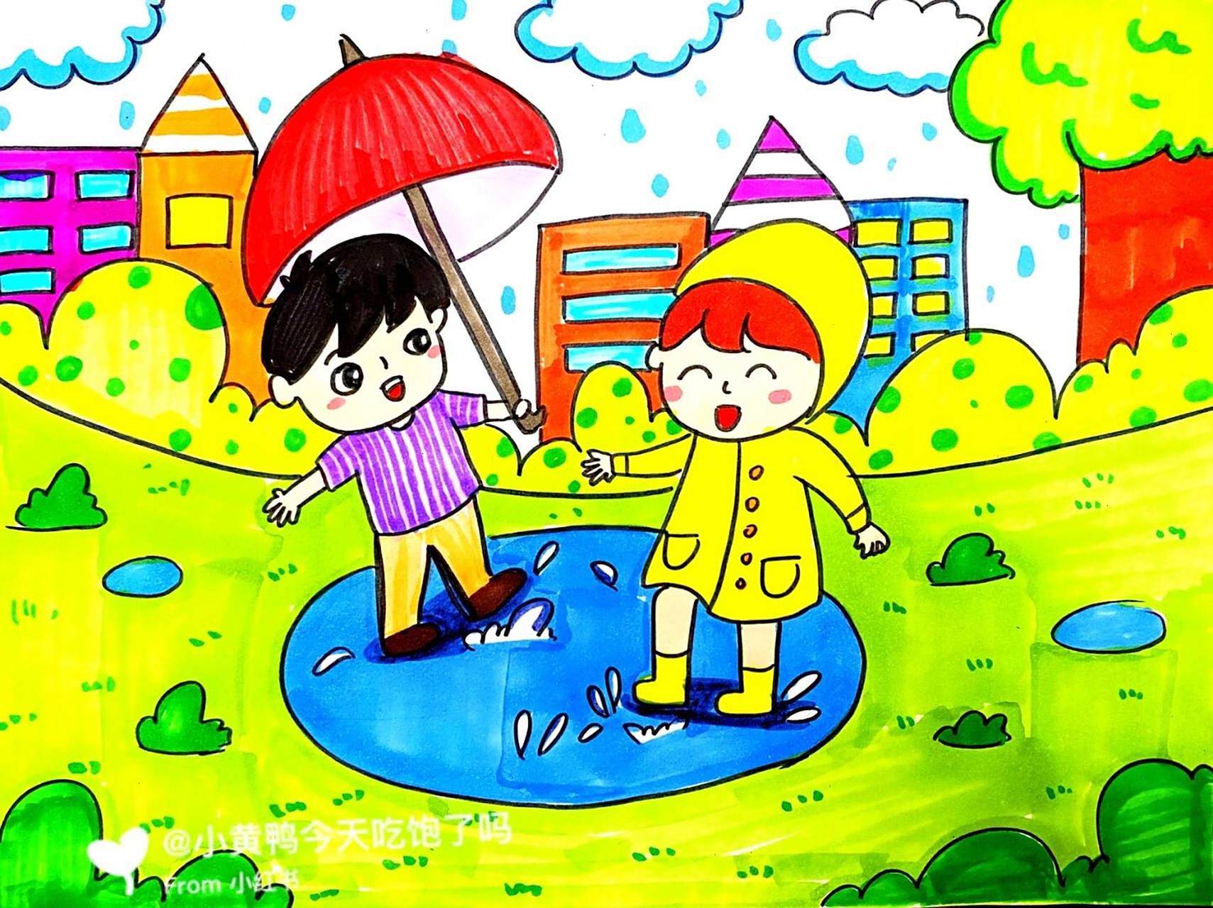 下雨天儿童画 #卡通画# #马克笔# #儿童画# #创意儿童画# #下雨天儿童