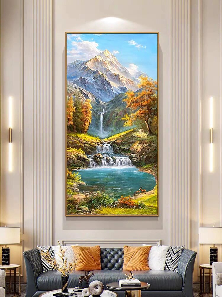 《高山流水》 欧式手绘油画金山聚宝盆入户玄关装饰画过道山水挂画