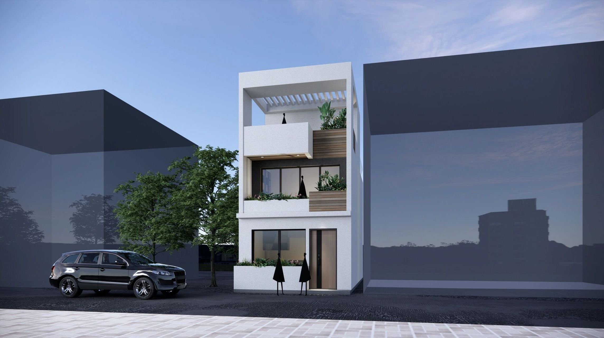 狭长自建房立面设计,宽5米进深10米 坐标:四川 占地:约50㎡ 总建筑