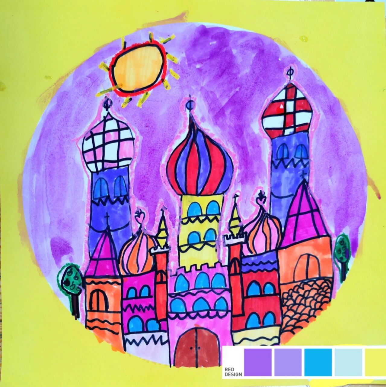 儿童画《城堡》6～8岁 96课程名称:《城堡》 技法:线描,平涂 色彩