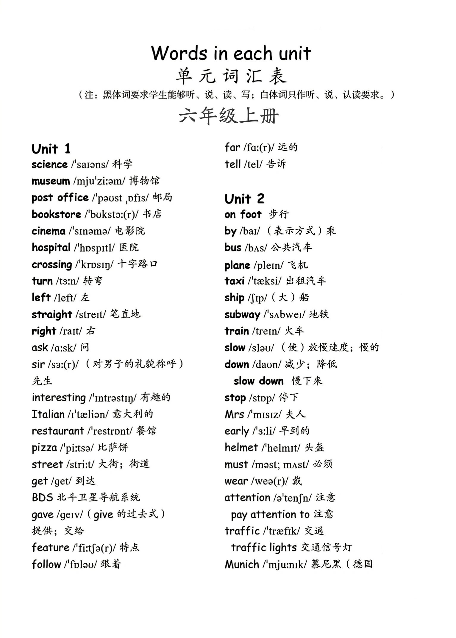 六年级上册单词表