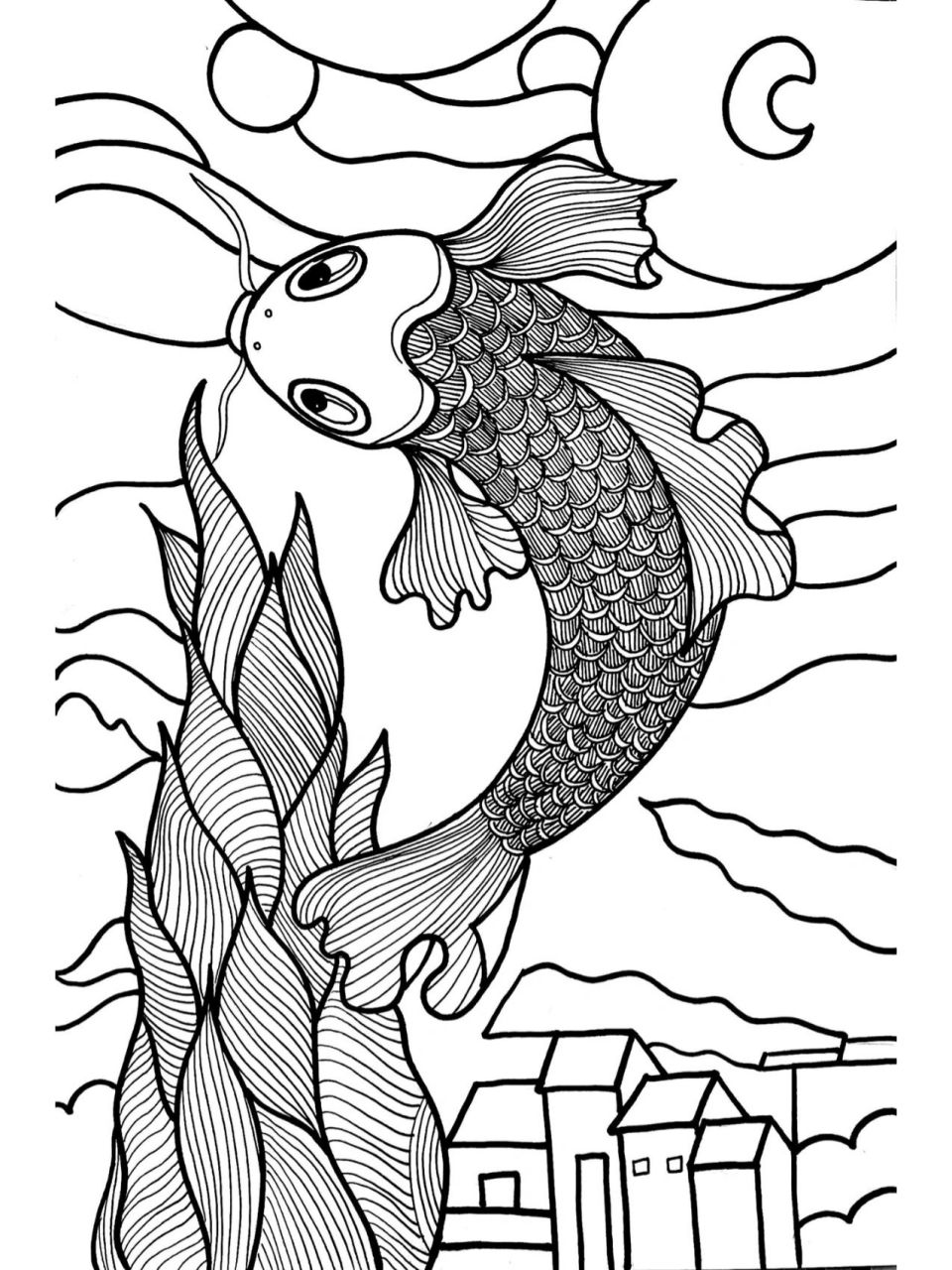 鱼|星月夜|黑白装饰画|含步骤| 鱼是自由的 星月夜是最爱的艺术家的