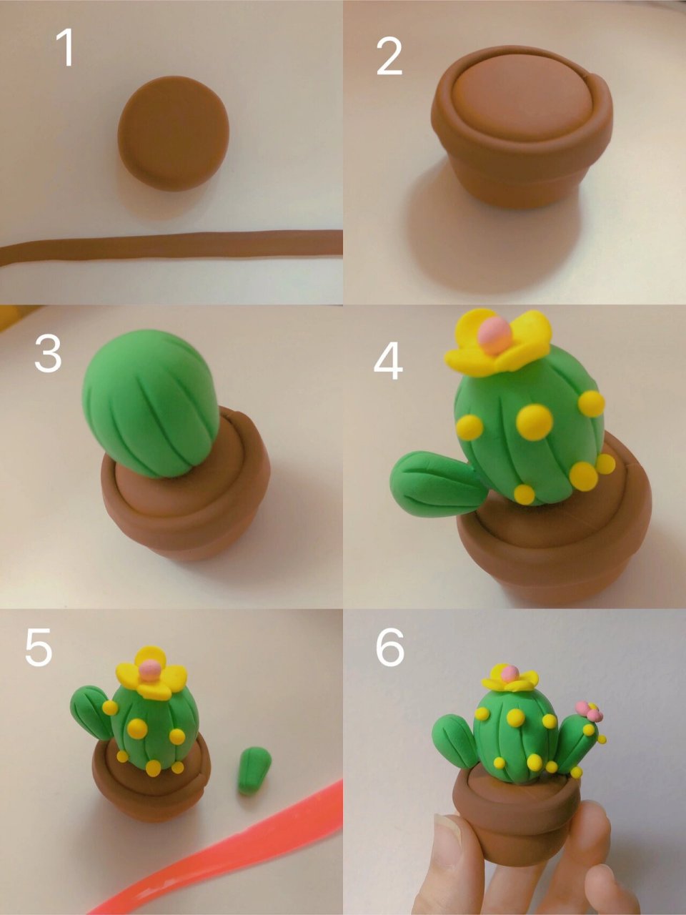 超轻粘土|可可爱爱的仙人球教程 16615先用咖色粘土滚成圆柱形和