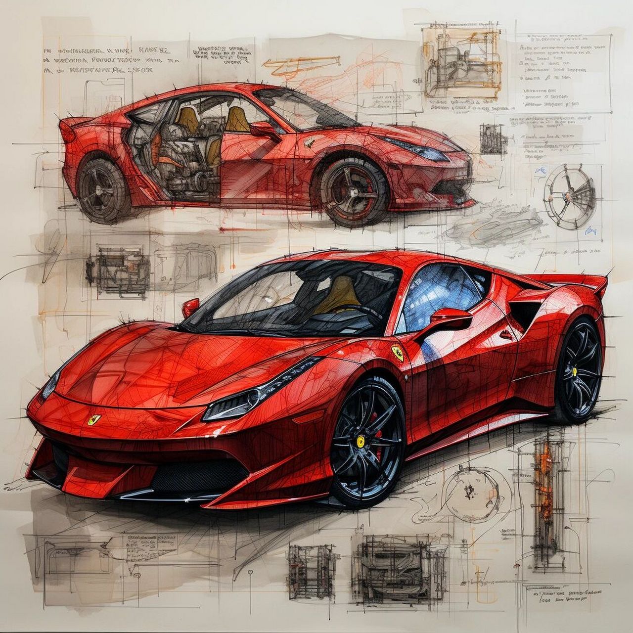 法拉利跑车绘制 midjourney                   red ferrari concept