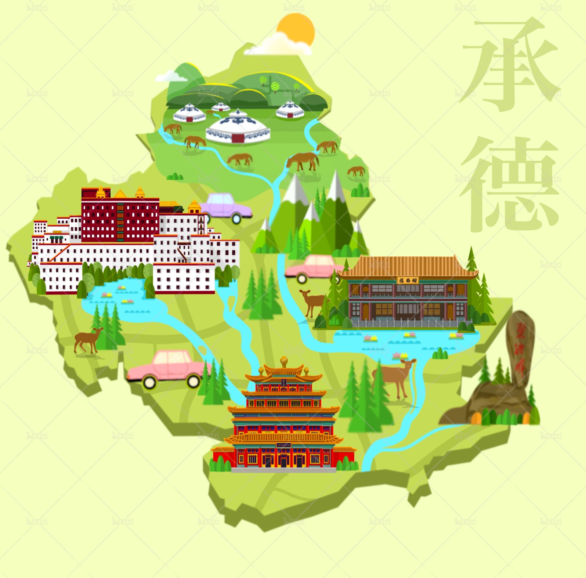 河北承德|避暑山庄|庙宇|原创插画 河北承德 景点很多 多处庙宇围绕着