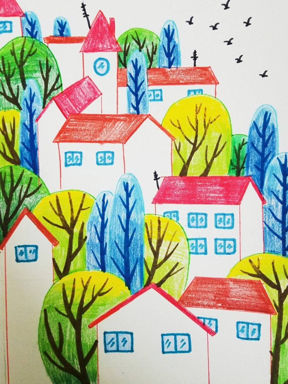 彩铅风景 彩铅风景#马克笔风景#儿童画#房子#树#村庄#山村 #儿童画