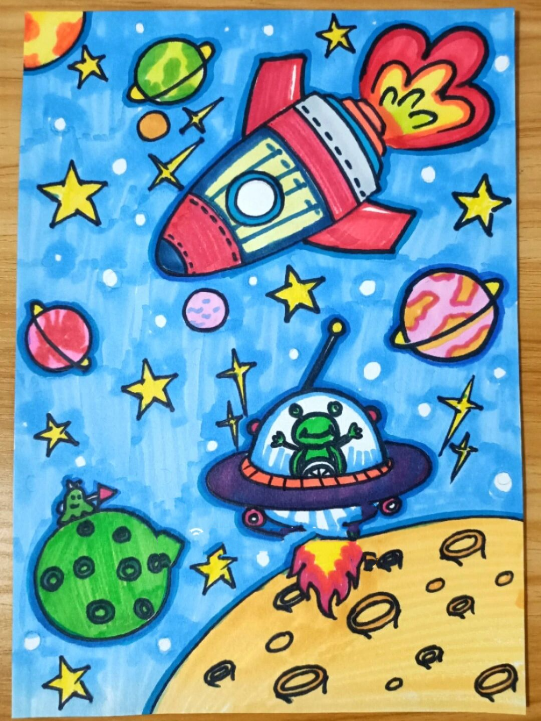 儿童创意画简笔飞去外太空宇宙火箭飞船