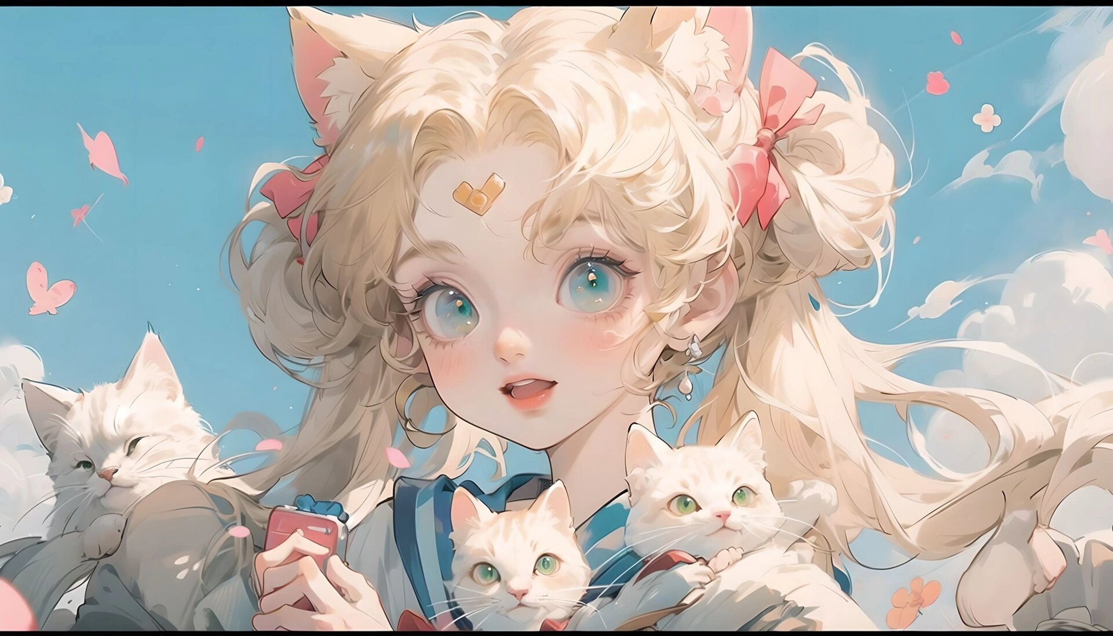 美少女战士电脑壁纸 | 小清新 | 抱猫少女 你的眼中有万千星河