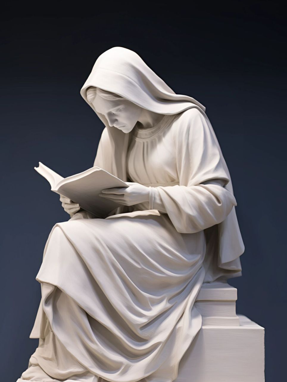 a white statue of a woman reading a book, in the style of