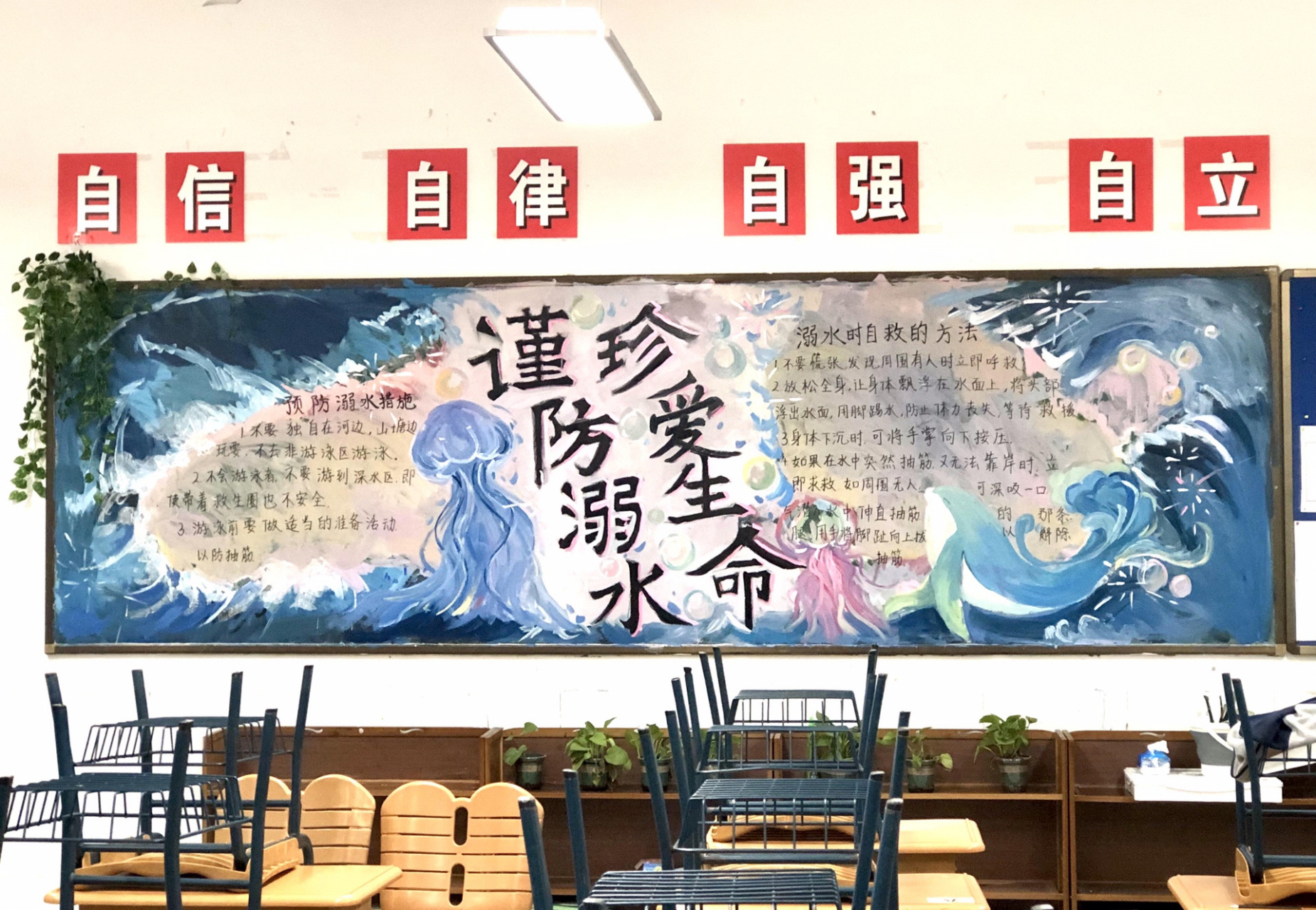 防溺水黑板报 是用水粉颜料画的!