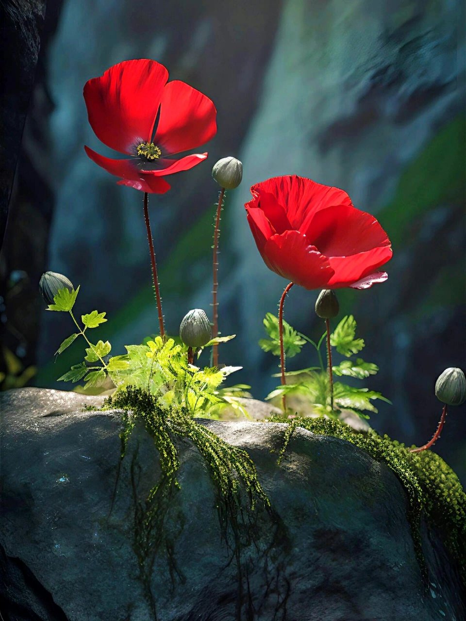 岩石上绽放的红花,顽强而又惊艳 .