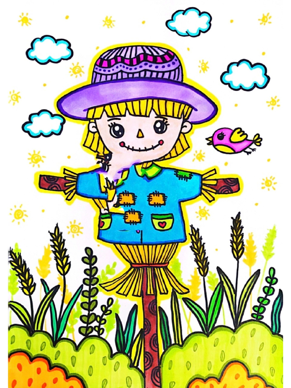 儿童画–麦田里的稻草人(有课件步骤) 适合6-8岁 稻田怎么能少了可爱