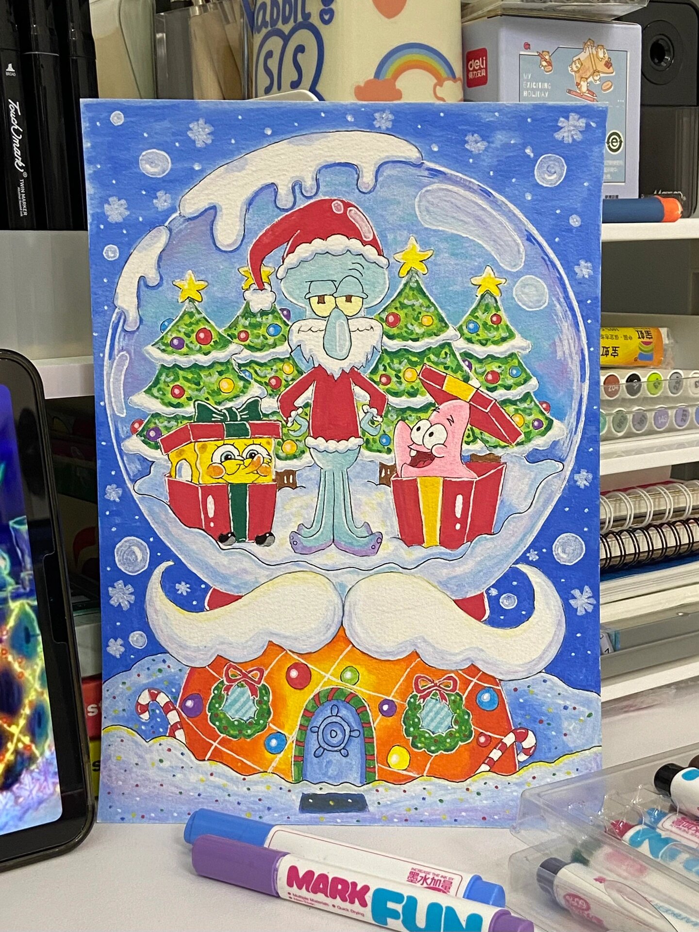 马克笔手绘/海绵宝宝圣诞水晶球附过程图 夏日滤镜        快给你喜欢