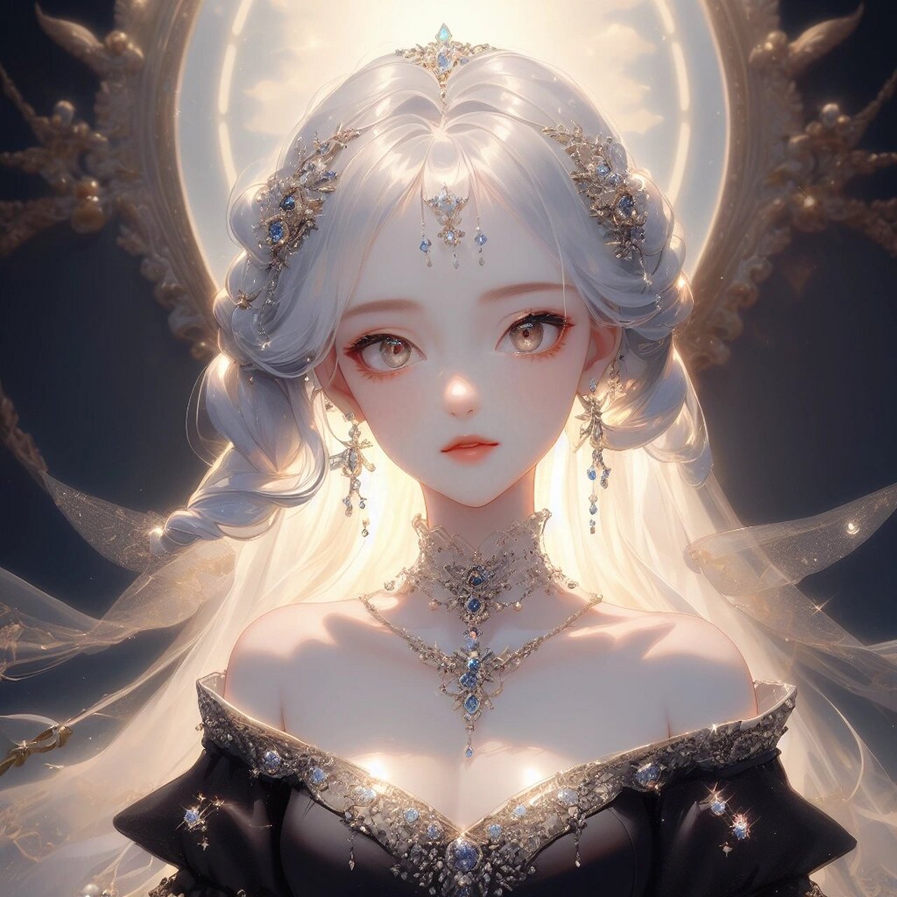 动漫头像|白发黑裙美少女 唯美光晕 上半身