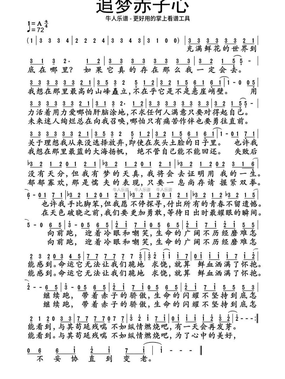 《追梦赤子心》简谱 《追梦赤子心》简谱