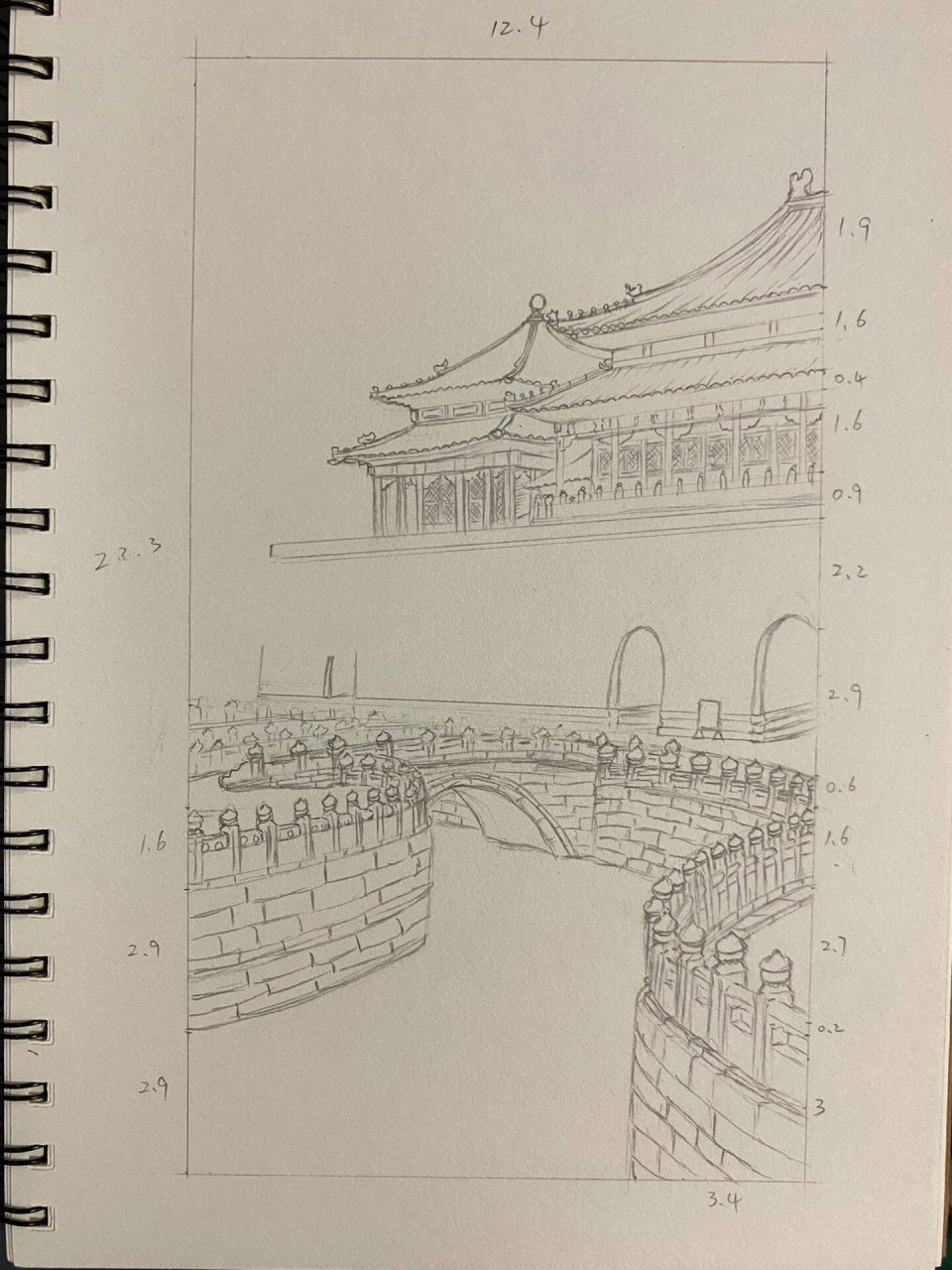85黑白简笔插画 故宫 附教程 本子是16k素描本 具体尺寸图片有标注
