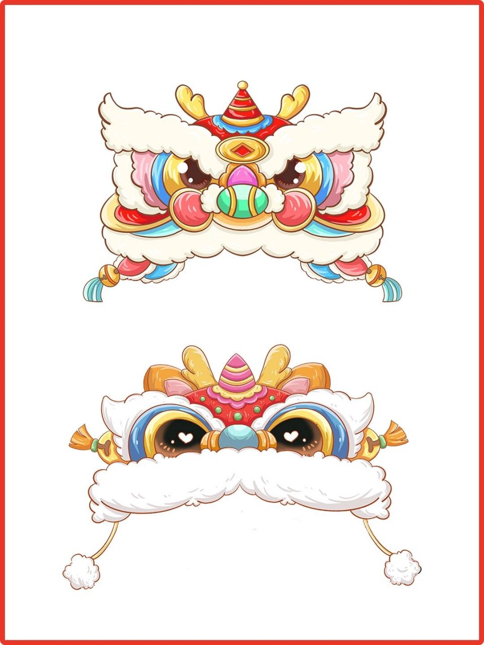 新年元旦醒狮舞狮狮子头丨贴纸免扣素材 96醒狮元素是春节龙年新年