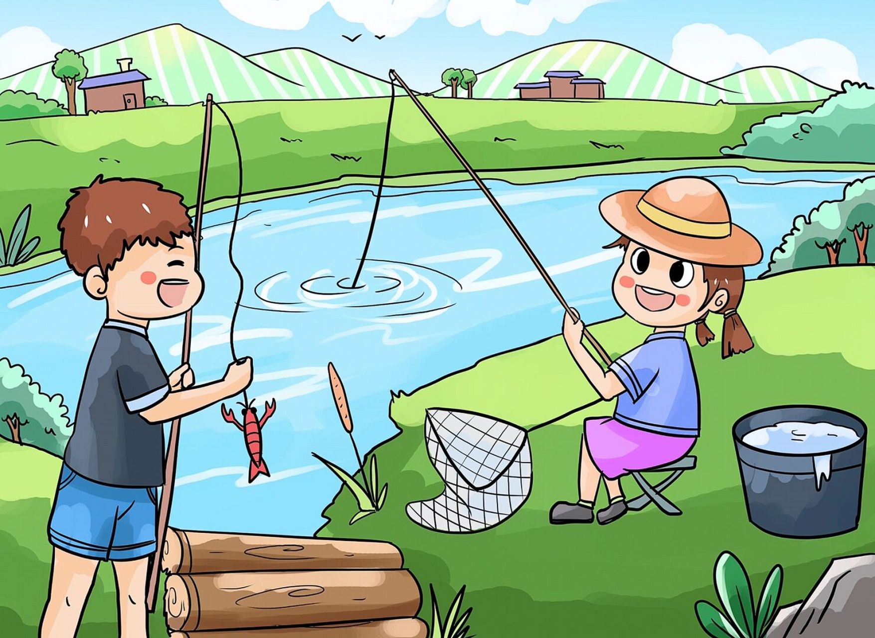 插画|下河抓鱼野炊 周末了,又该出去玩了 夏天确实是热的很啊 正好