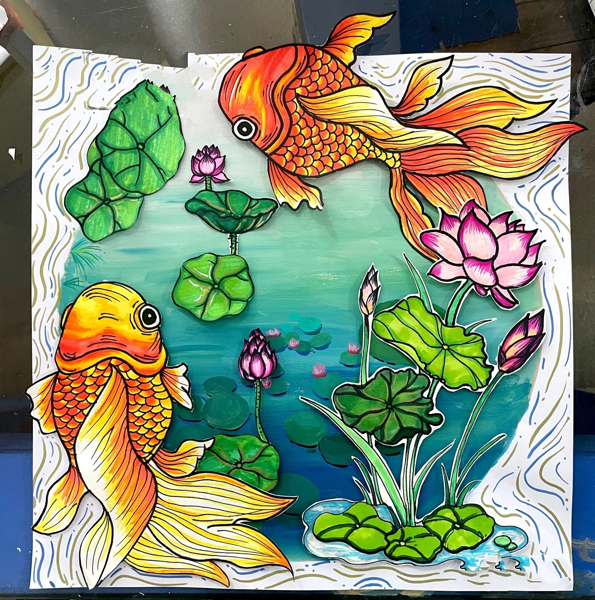 创意美术作品《鱼戏莲叶间》8-9岁