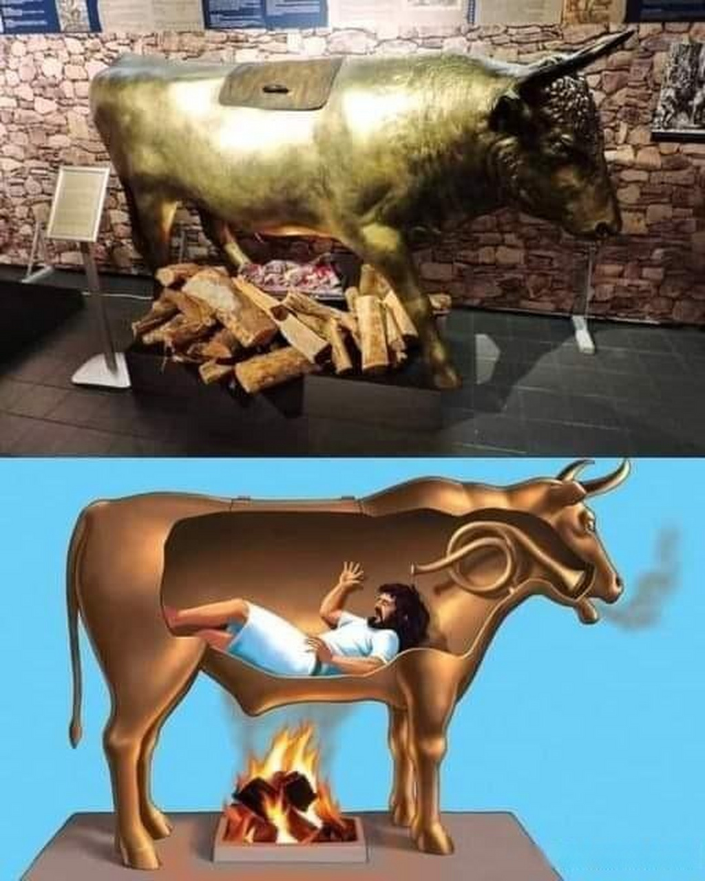 的佩里洛斯在公元前500多年发明了一种刑具,施刑时会把犯人锁进铜牛里