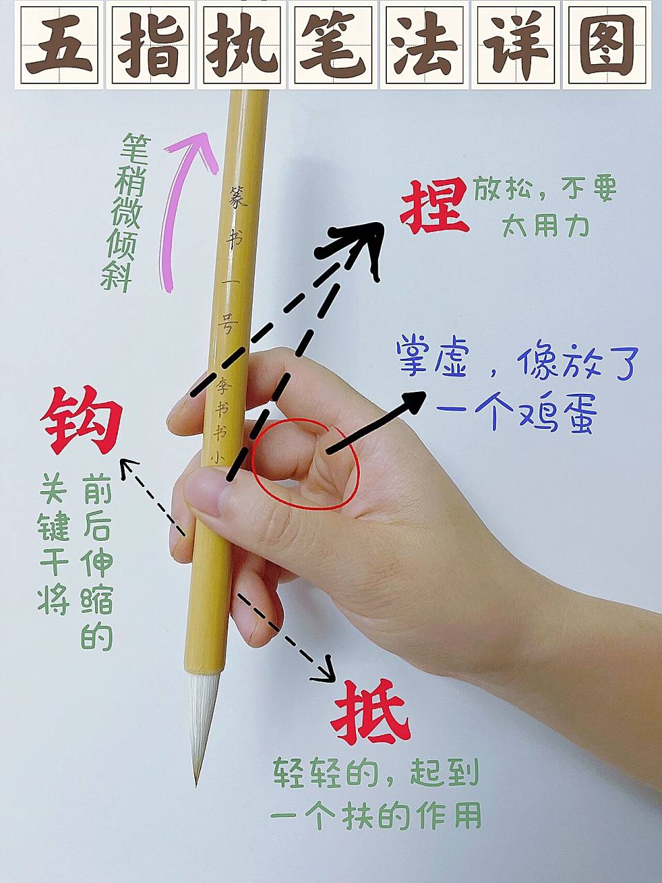 一看就会丨毛笔怎么握笔丨详图五指执笔法  学习写毛笔字首先要学会