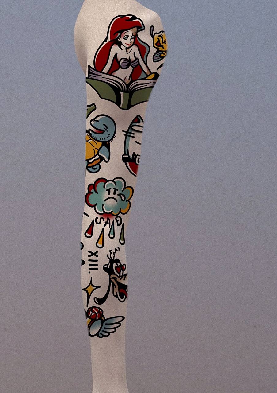 oldschool纹身卡通花臂 设计纹身师. 可爱的图案拼接成的花臂喜欢吗!